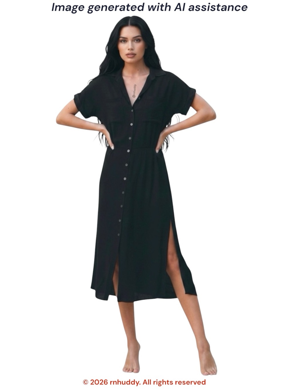 AURA the Label M black cap sleeve midi shirt dress